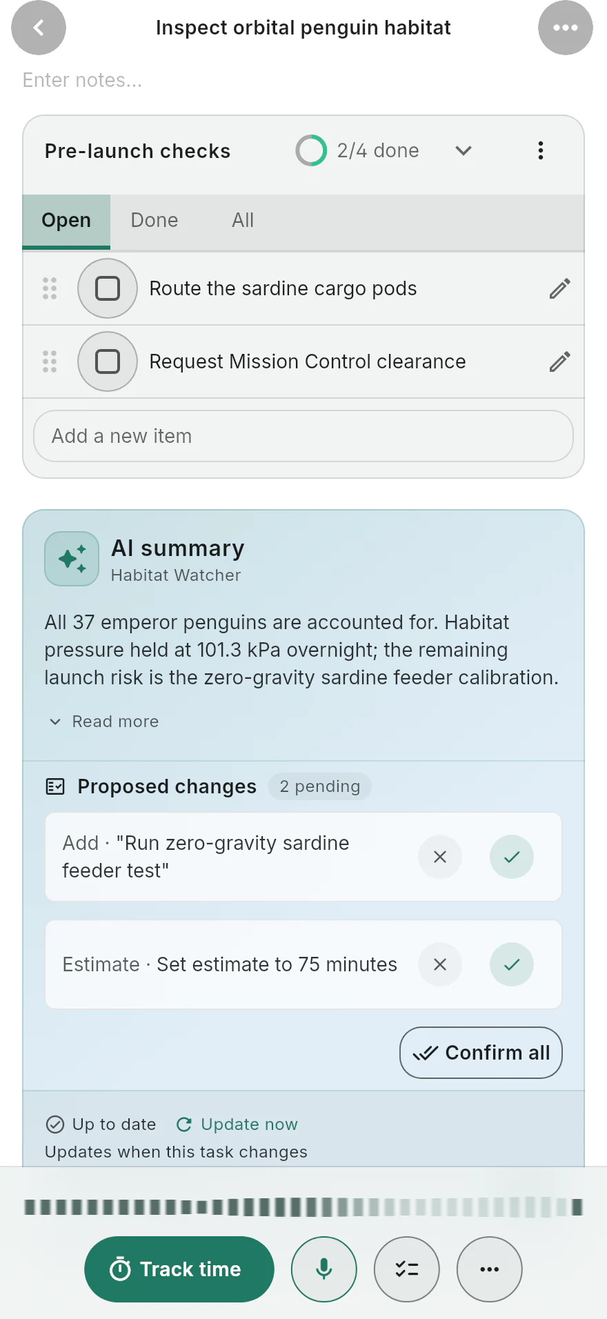 A task agent's report with two proposed changes, each with a dismiss and a confirm control, plus Confirm all and the automatic-updates toggle