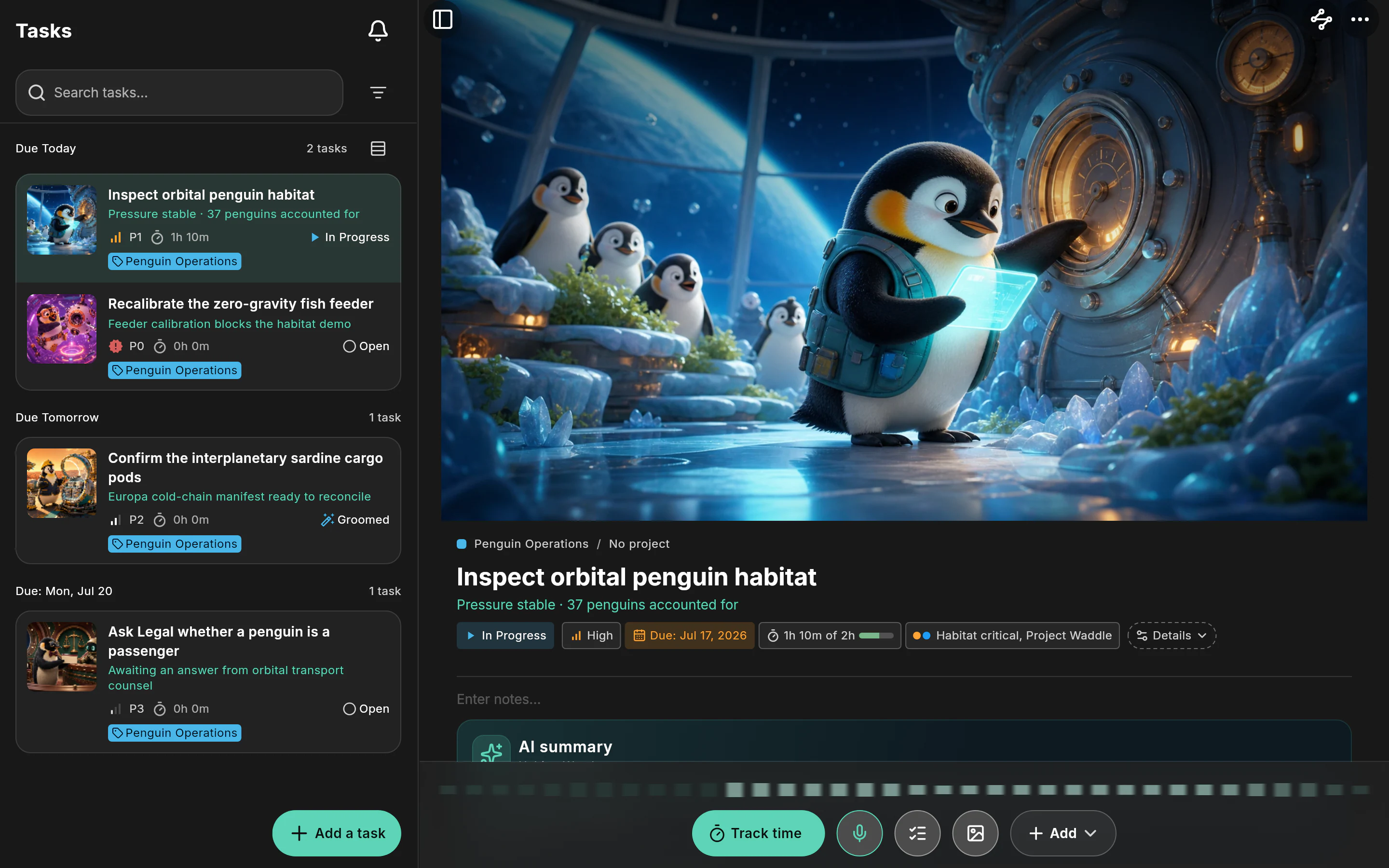 The task workspace: a filtered task list beside an open task with its cover art, status, labels, and AI summary